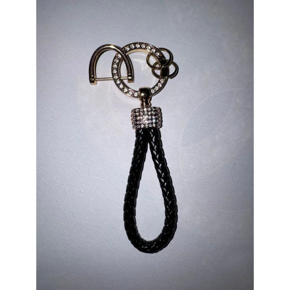 Rhinestone Braided Keychain Wristlet Black Gold Sparkle Bling Bag Charm - Picture 3 of 3